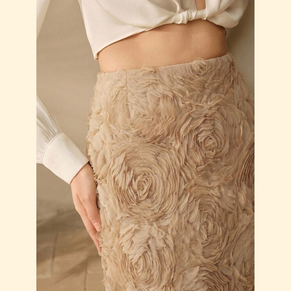 Tan 3D Rosette Textured Woven High Waist Maxi Pencil Skirt